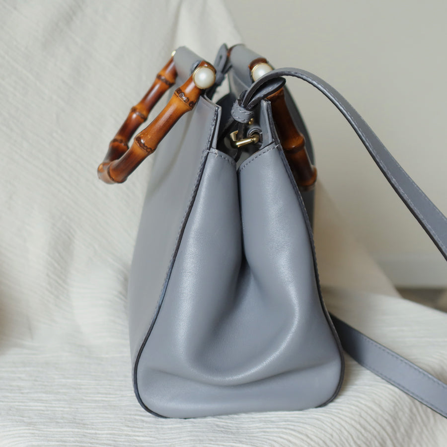 Gucci Vintage Nymphaea Gray Leather Bamboo Handle Pearl 2way Shoulder Bag