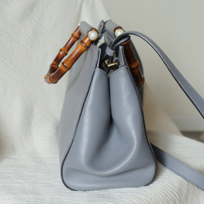 Gucci Vintage Nymphaea Gray Leather Bamboo Handle Pearl 2way Shoulder Bag