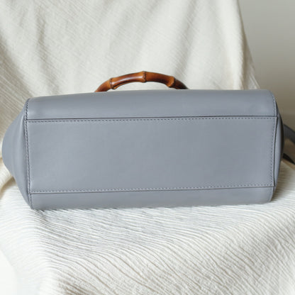 Gucci Vintage Nymphaea Gray Leather Bamboo Handle Pearl 2way Shoulder Bag