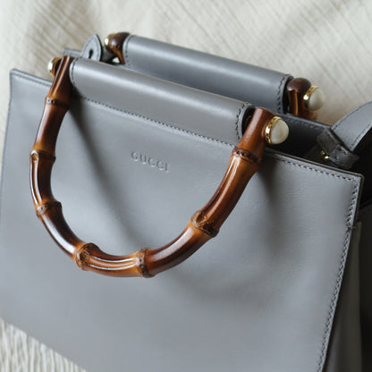Gucci Vintage Nymphaea Gray Leather Bamboo Handle Pearl 2way Shoulder Bag