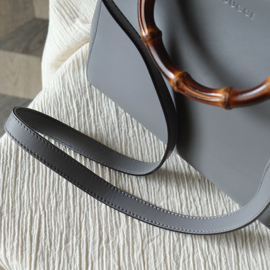 Gucci Vintage Nymphaea Gray Leather Bamboo Handle Pearl 2way Shoulder Bag