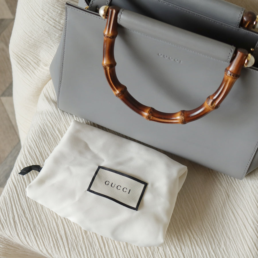 Gucci Vintage Nymphaea Gray Leather Bamboo Handle Pearl 2way Shoulder Bag