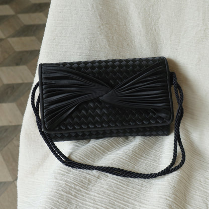 Rare Bottega Veneta Vintage Black Satin Intrecciato Bow Clutch 2 way Shoulder Bag