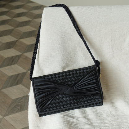 Rare Bottega Veneta Vintage Black Satin Intrecciato Bow Clutch 2 way Shoulder Bag