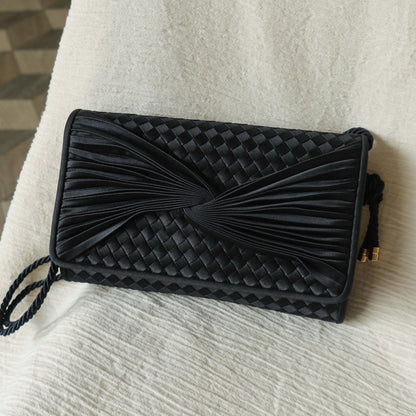 Rare Bottega Veneta Vintage Black Satin Intrecciato Bow Clutch 2 way Shoulder Bag