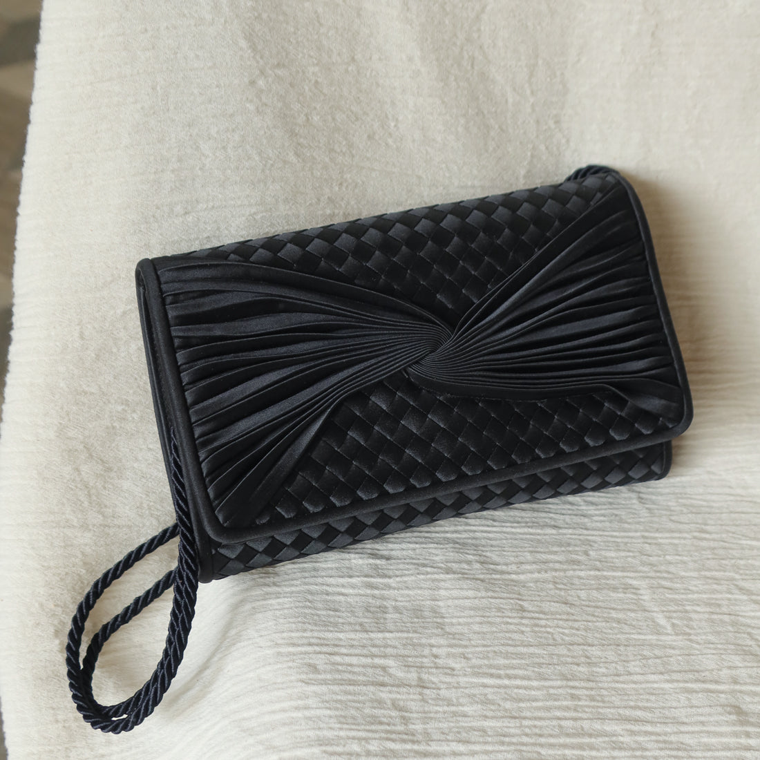 Rare Bottega Veneta Vintage Black Satin Intrecciato Bow Clutch 2 way Shoulder Bag
