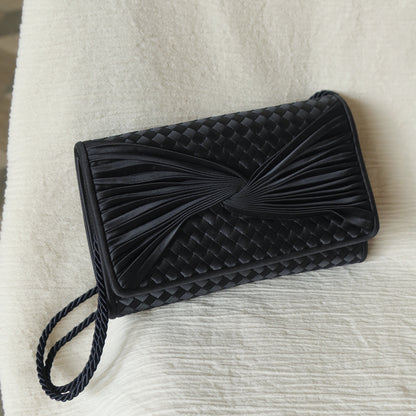 Rare Bottega Veneta Vintage Black Satin Intrecciato Bow Clutch 2 way Shoulder Bag