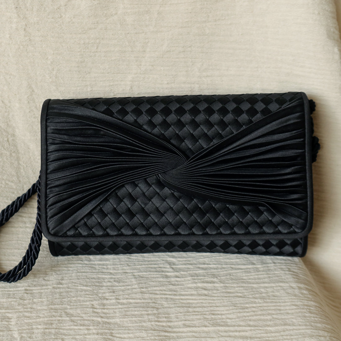Rare Bottega Veneta Vintage Black Satin Intrecciato Bow Clutch 2 way Shoulder Bag