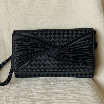 Rare Bottega Veneta Vintage Black Satin Intrecciato Bow Clutch 2 way Shoulder Bag