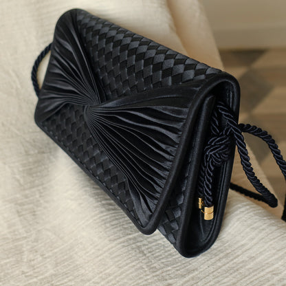 Rare Bottega Veneta Vintage Black Satin Intrecciato Bow Clutch 2 way Shoulder Bag