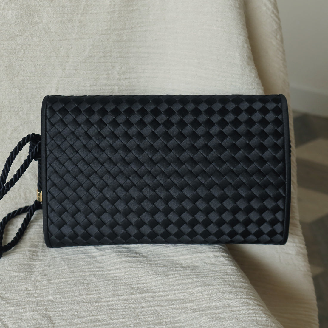 Rare Bottega Veneta Vintage Black Satin Intrecciato Bow Clutch 2 way Shoulder Bag