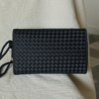Rare Bottega Veneta Vintage Black Satin Intrecciato Bow Clutch 2 way Shoulder Bag