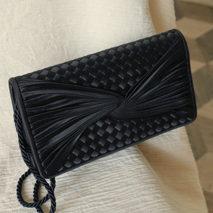 Rare Bottega Veneta Vintage Black Satin Intrecciato Bow Clutch 2 way Shoulder Bag