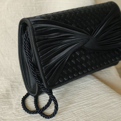 Rare Bottega Veneta Vintage Black Satin Intrecciato Bow Clutch 2 way Shoulder Bag