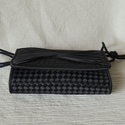 Rare Bottega Veneta Vintage Black Satin Intrecciato Bow Clutch 2 way Shoulder Bag