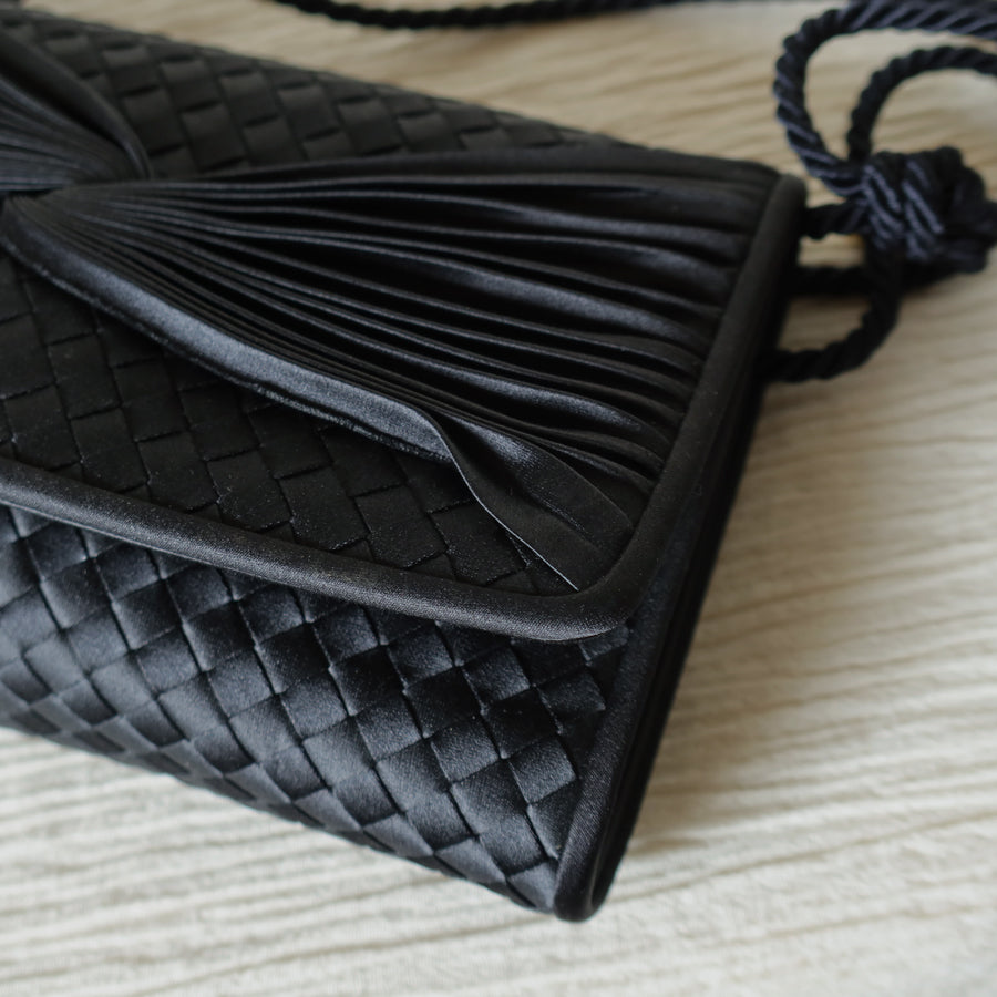 Rare Bottega Veneta Vintage Black Satin Intrecciato Bow Clutch 2 way Shoulder Bag
