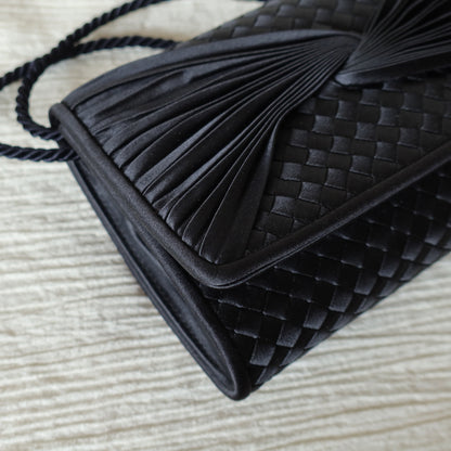 Rare Bottega Veneta Vintage Black Satin Intrecciato Bow Clutch 2 way Shoulder Bag