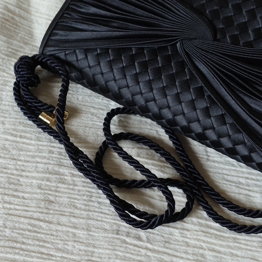 Rare Bottega Veneta Vintage Black Satin Intrecciato Bow Clutch 2 way Shoulder Bag