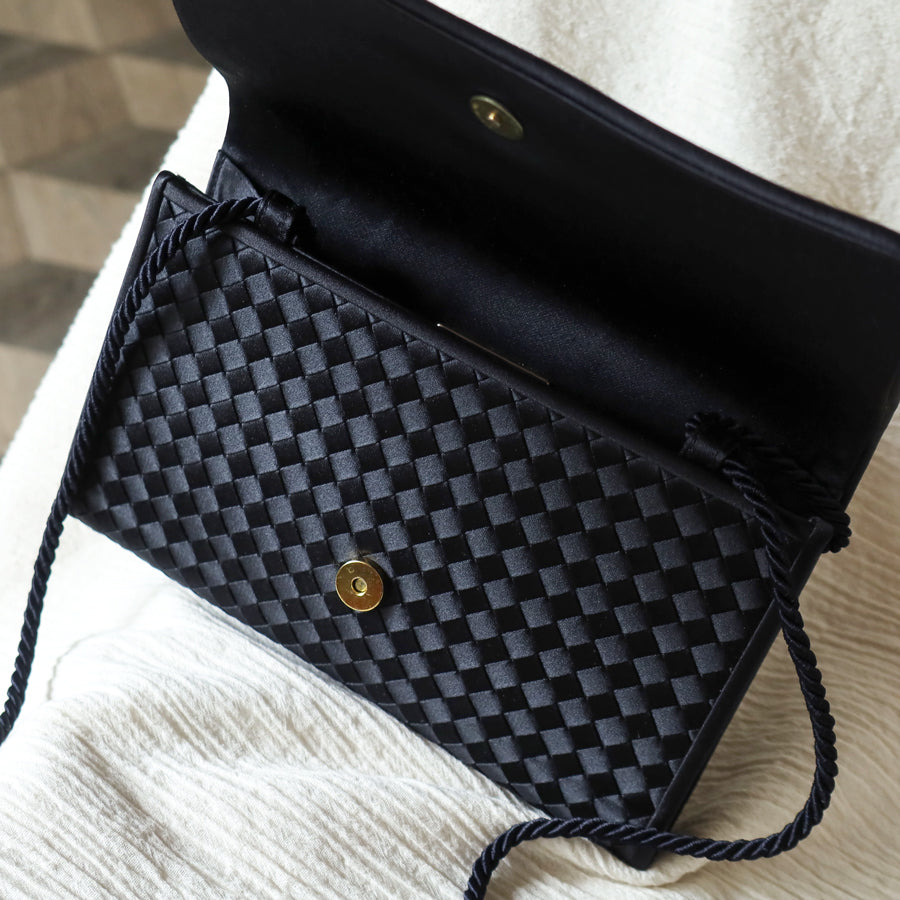 Rare Bottega Veneta Vintage Black Satin Intrecciato Bow Clutch 2 way Shoulder Bag