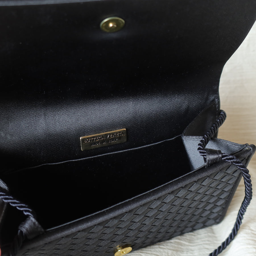 Rare Bottega Veneta Vintage Black Satin Intrecciato Bow Clutch 2 way Shoulder Bag