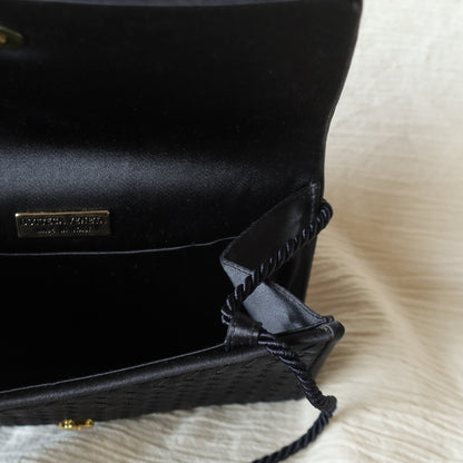 Rare Bottega Veneta Vintage Black Satin Intrecciato Bow Clutch 2 way Shoulder Bag