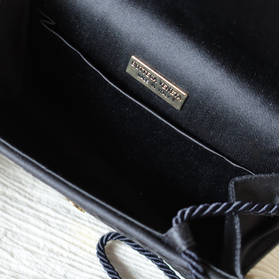 Rare Bottega Veneta Vintage Black Satin Intrecciato Bow Clutch 2 way Shoulder Bag
