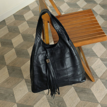 Chanel Vintage Black Leather Chocolate Bar Stitching CC Tassel Hobo Tote Bag L