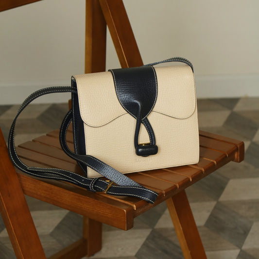 Loewe Vintage Ivory Dark Navy Grained Leather Knot Turn lock Crossbody Bag