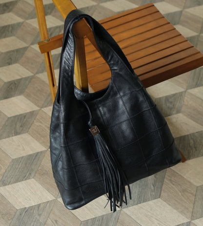 Chanel Vintage Black Leather Chocolate Bar Stitching CC Tassel Hobo Tote Bag L
