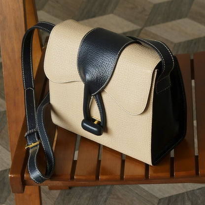 Loewe Vintage Ivory Dark Navy Grained Leather Knot Turn lock Crossbody Bag