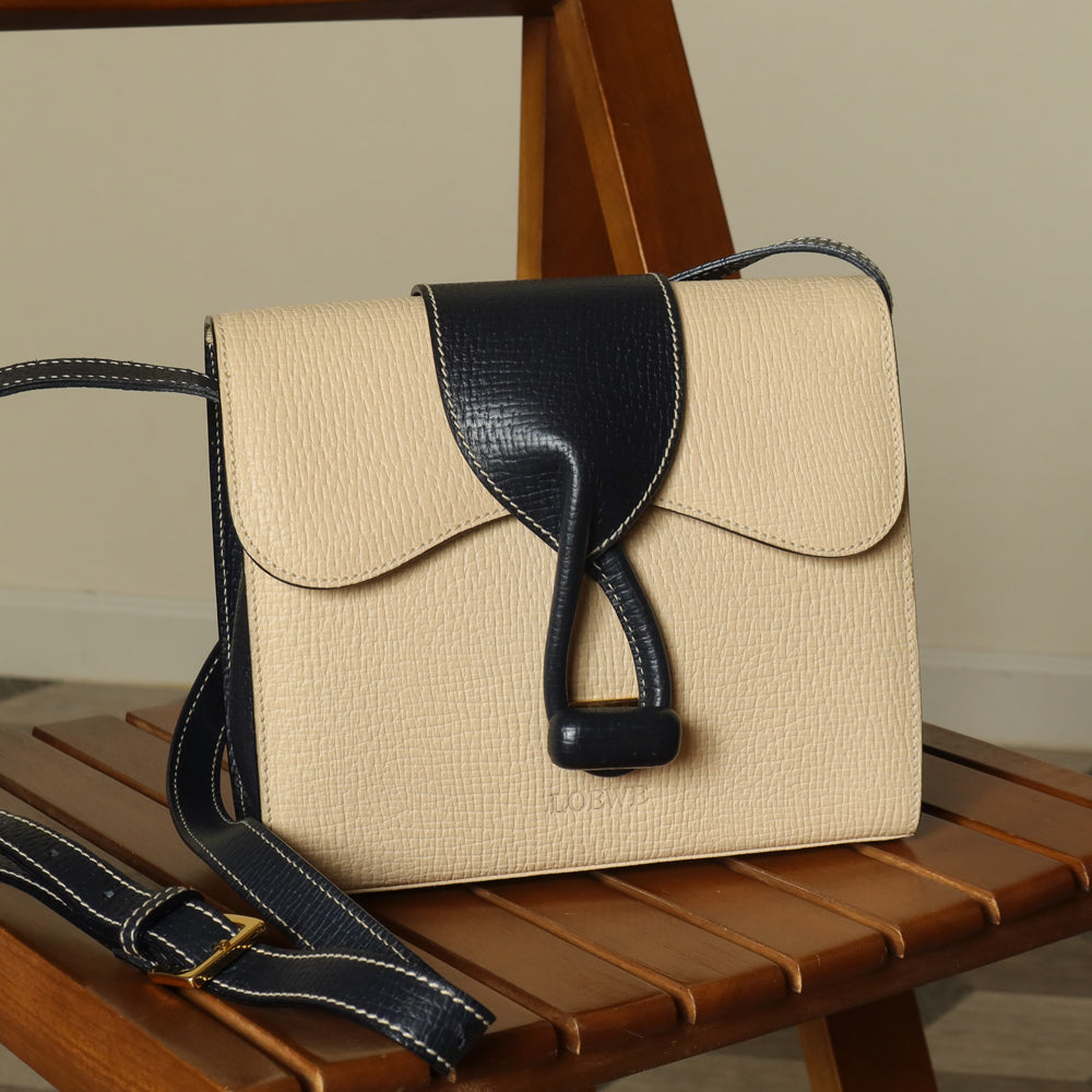 Loewe Vintage Ivory Dark Navy Grained Leather Knot Turn lock Crossbody Bag