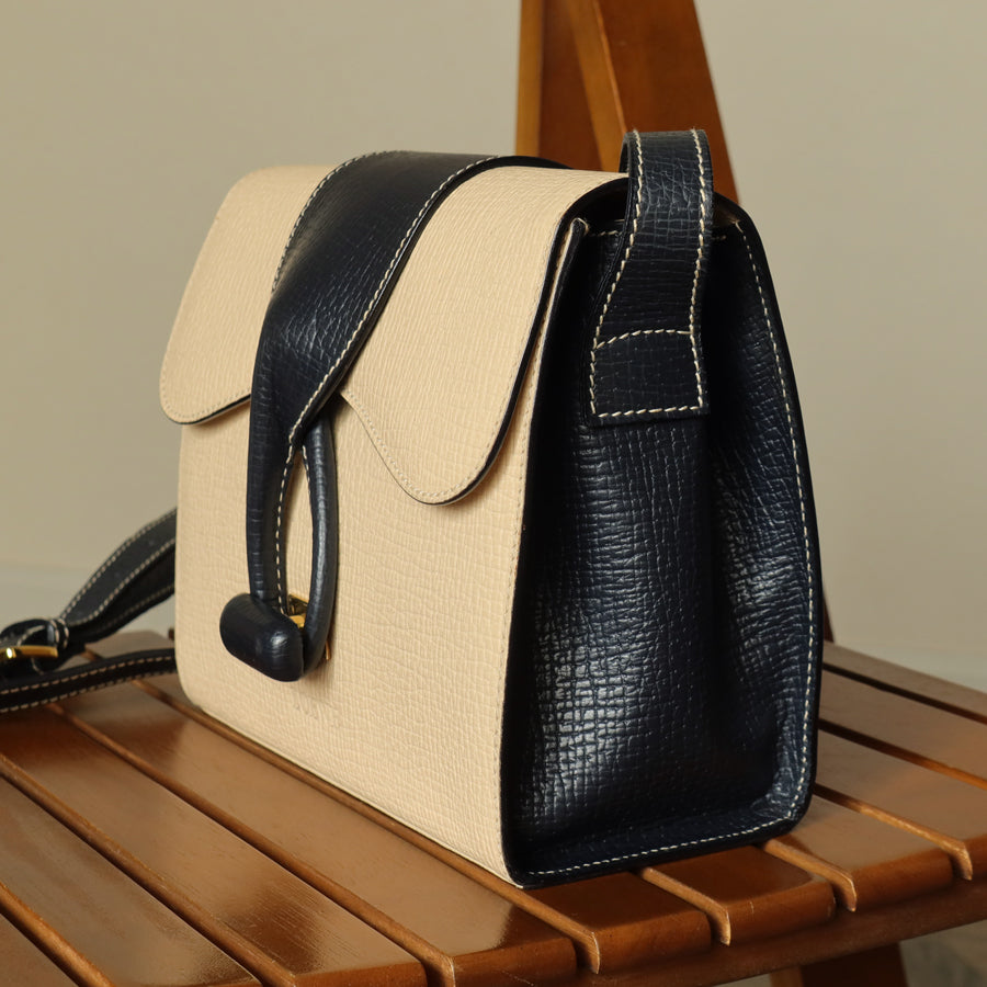 Loewe Vintage Ivory Dark Navy Grained Leather Knot Turn lock Crossbody Bag