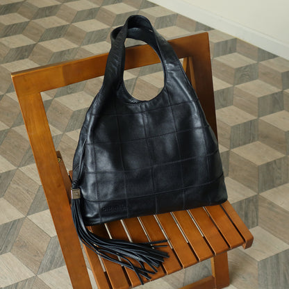 Chanel Vintage Black Leather Chocolate Bar Stitching CC Tassel Hobo Tote Bag L
