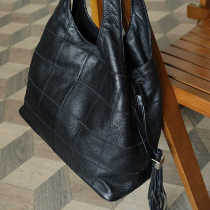 Chanel Vintage Black Leather Chocolate Bar Stitching CC Tassel Hobo Tote Bag L