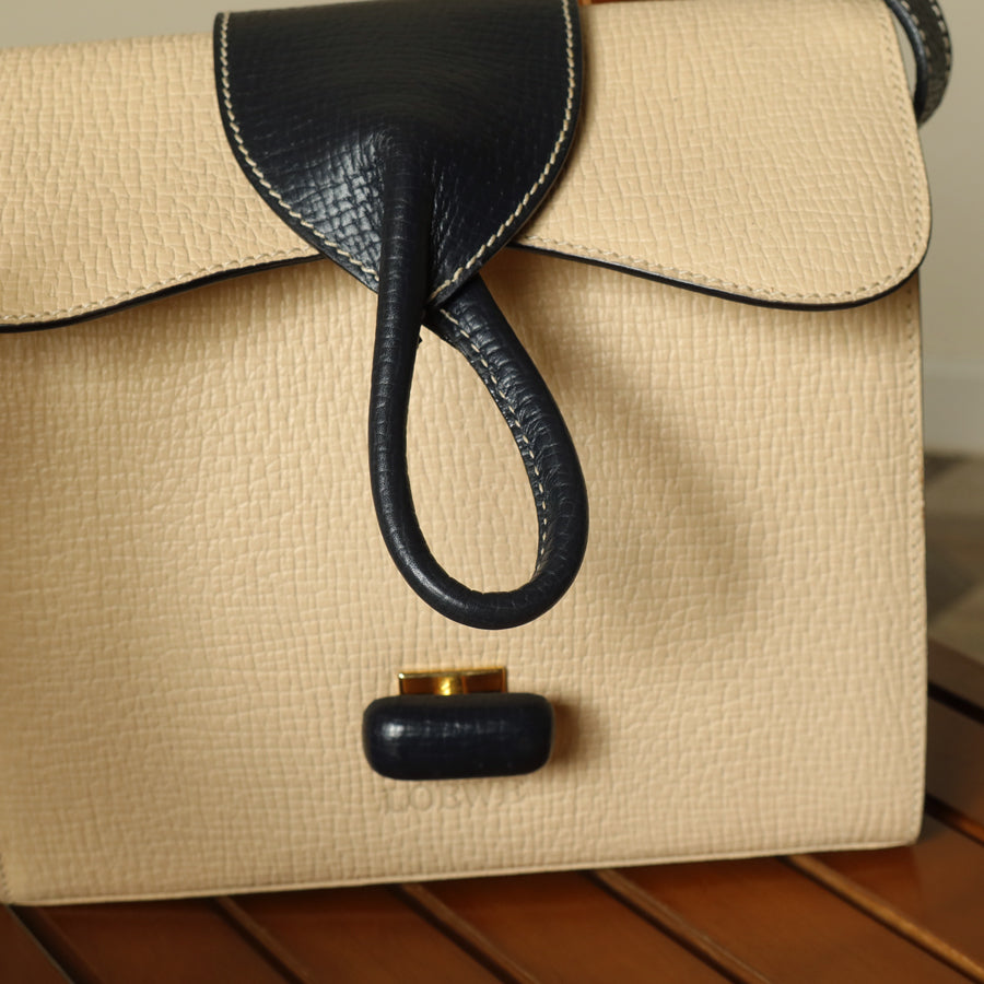 Loewe Vintage Ivory Dark Navy Grained Leather Knot Turn lock Crossbody Bag