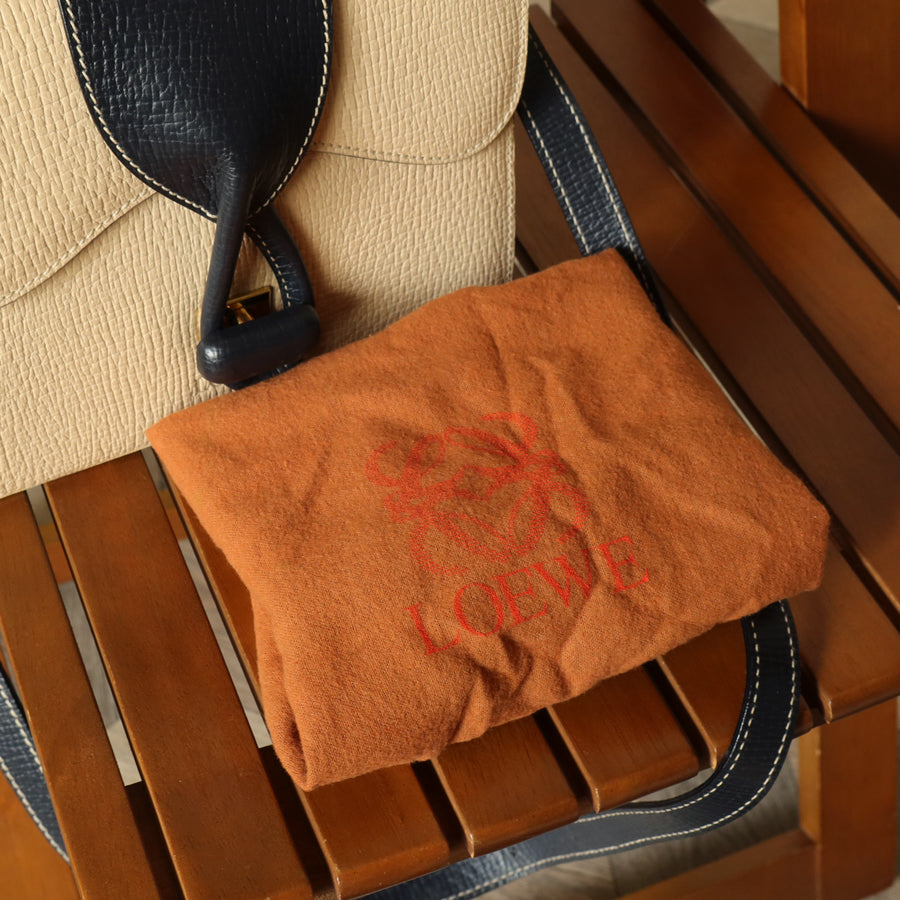 Loewe Vintage Ivory Dark Navy Grained Leather Knot Turn lock Crossbody Bag