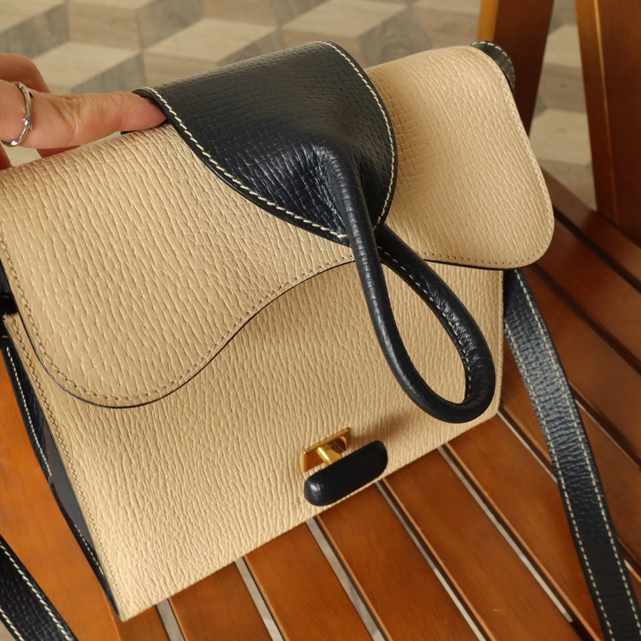 Loewe Vintage Ivory Dark Navy Grained Leather Knot Turn lock Crossbody Bag