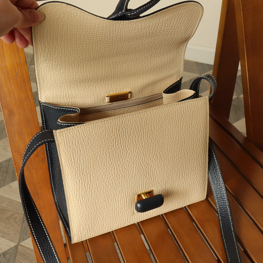 Loewe Vintage Ivory Dark Navy Grained Leather Knot Turn lock Crossbody Bag