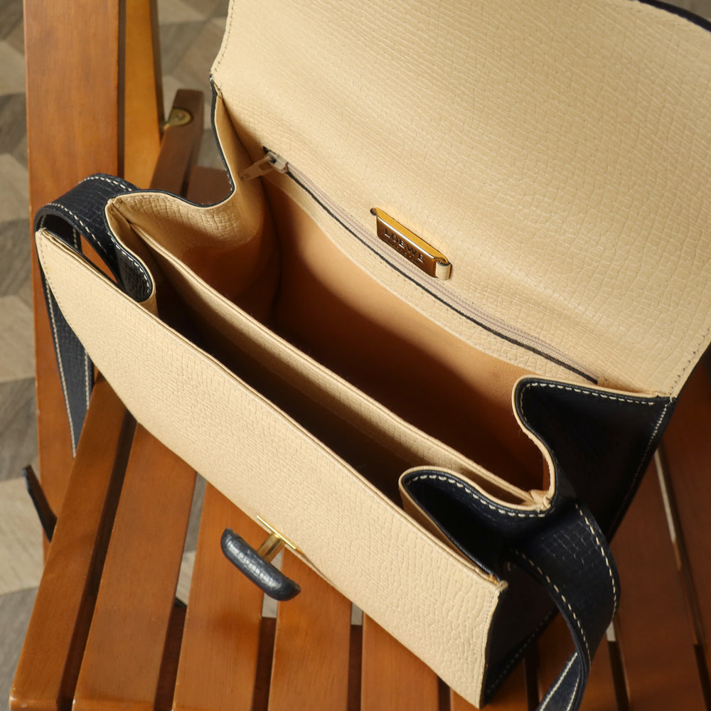 Loewe Vintage Ivory Dark Navy Grained Leather Knot Turn lock Crossbody Bag