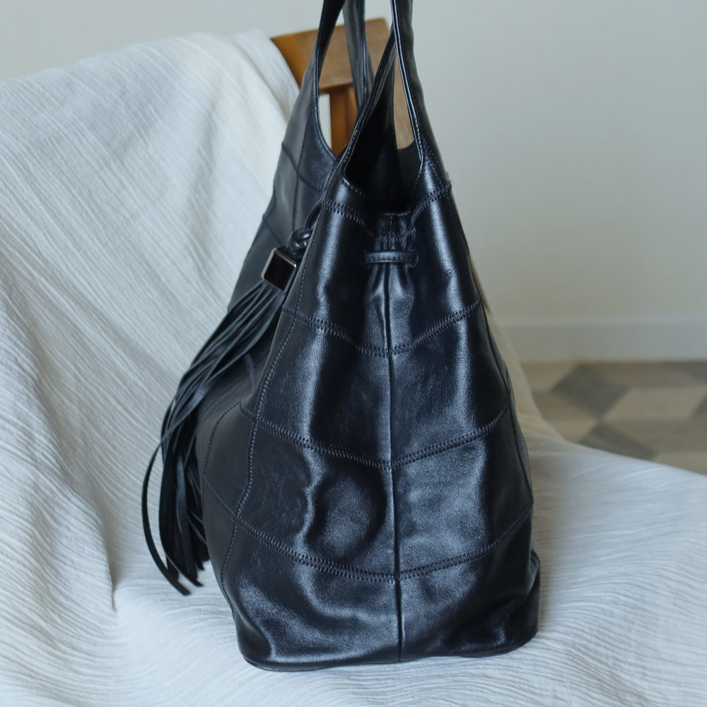 Chanel Vintage Black Square Stitching CC Tassel Hobo Tote Bag M