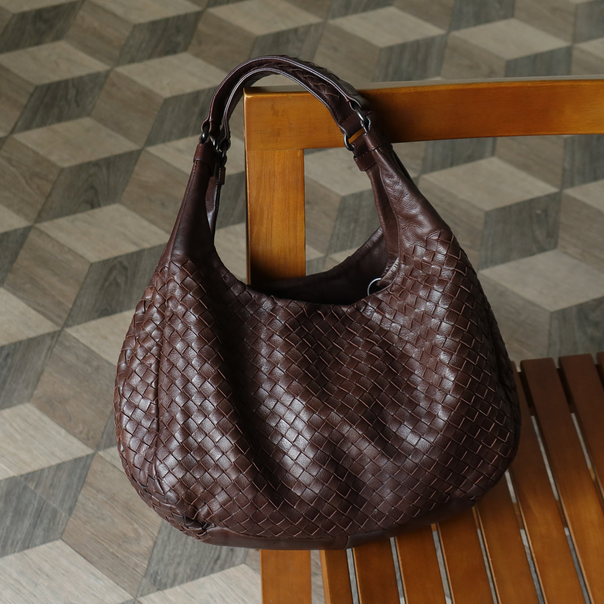 Bottega Veneta Vintage Dark Brown Intrecciato Campana Hobo Shoulder Bag M