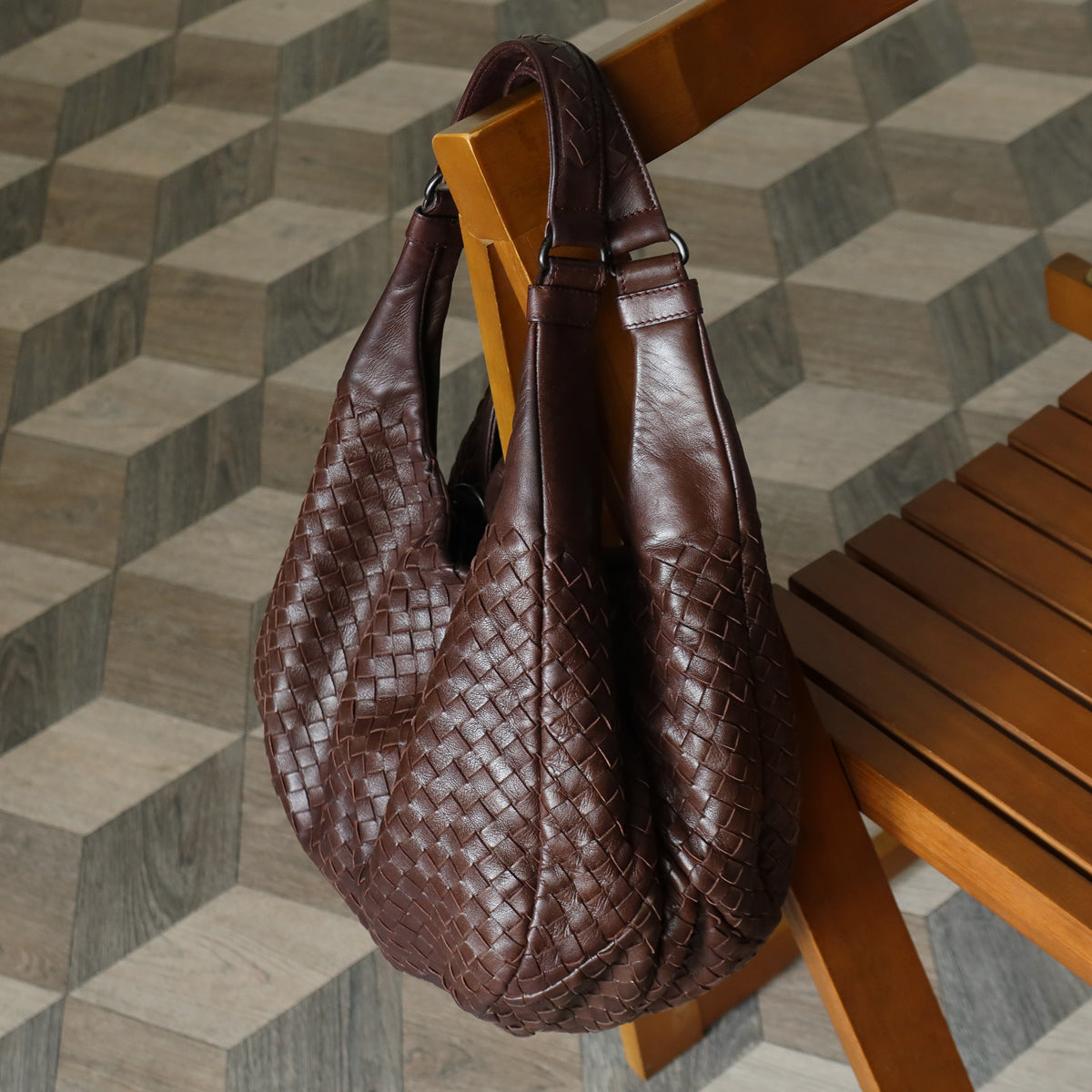 Bottega Veneta Vintage Dark Brown Intrecciato Campana Hobo Shoulder Bag M