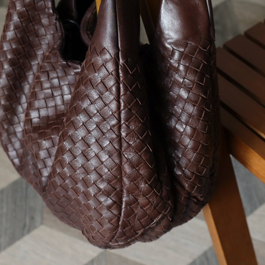 Bottega Veneta Vintage Dark Brown Intrecciato Campana Hobo Shoulder Bag M