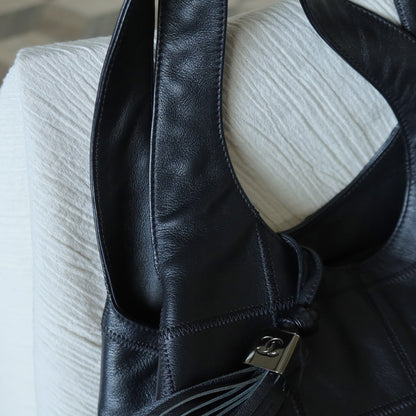 Chanel Vintage Black Square Stitching CC Tassel Hobo Tote Bag M