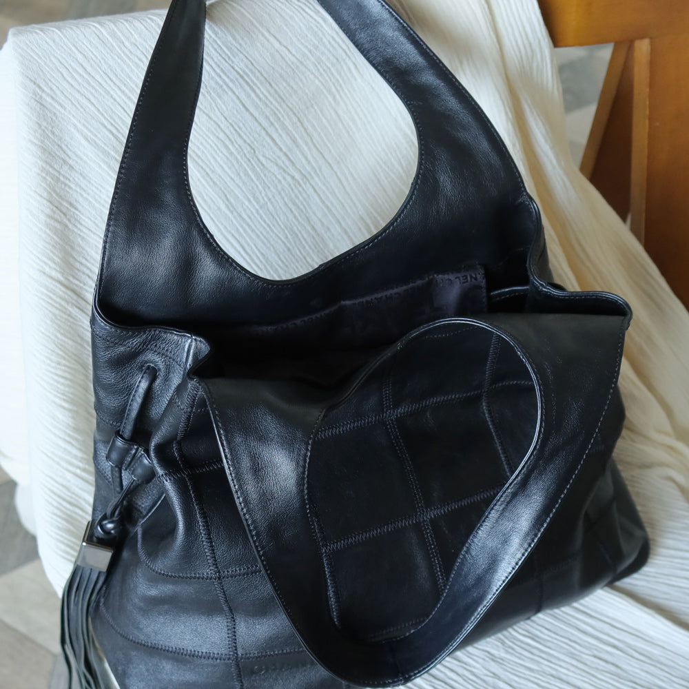Chanel Vintage Black Square Stitching CC Tassel Hobo Tote Bag M