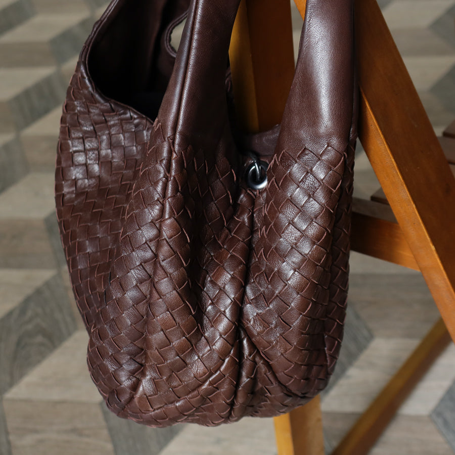 Bottega Veneta Vintage Dark Brown Intrecciato Campana Hobo Shoulder Bag M