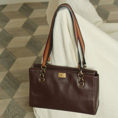 Rare Chanel Vintage Dark Brown CC mark Double Strap Shoulder Tote Bag