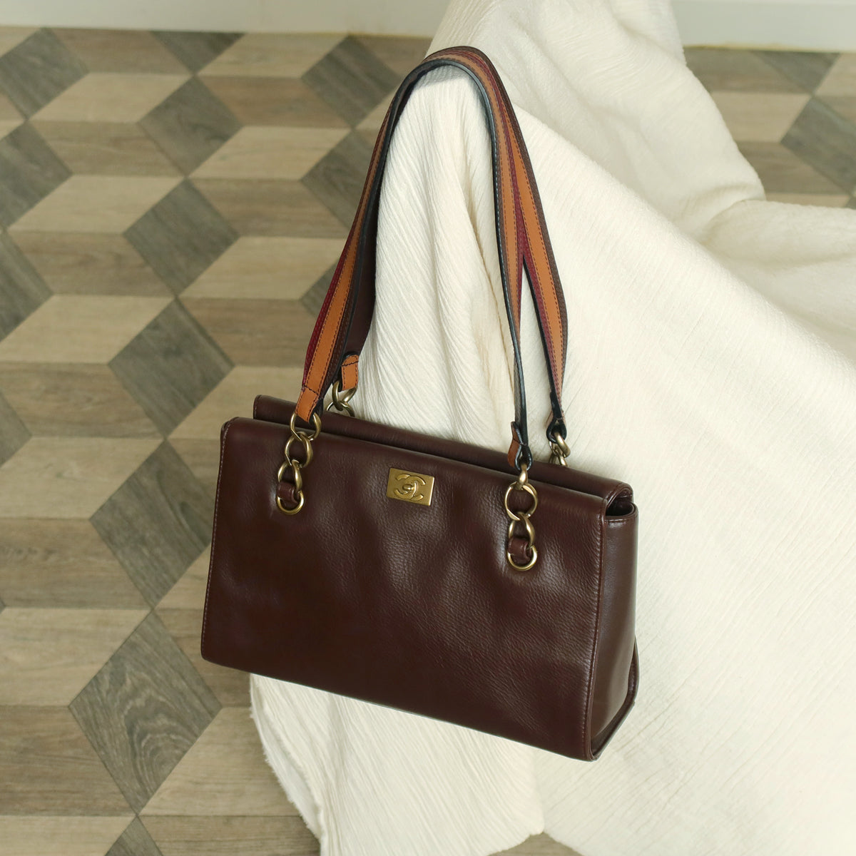 Rare Chanel Vintage Dark Brown CC mark Double Strap Shoulder Tote Bag