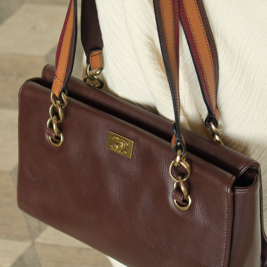 Rare Chanel Vintage Dark Brown CC mark Double Strap Shoulder Tote Bag