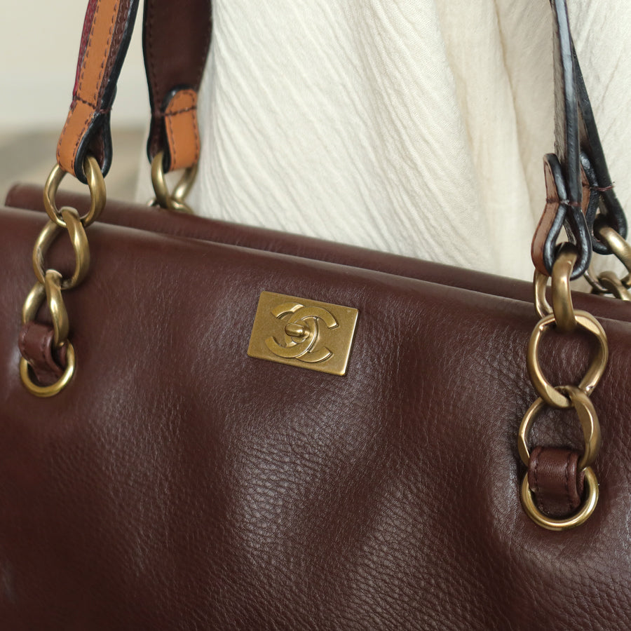 Rare Chanel Vintage Dark Brown CC mark Double Strap Shoulder Tote Bag